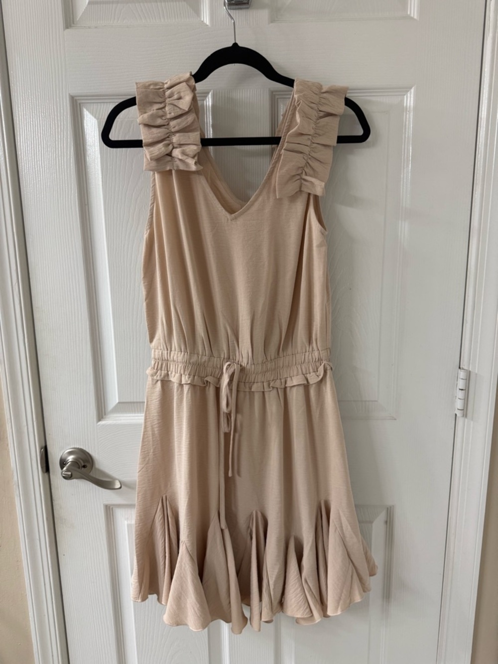 JODIFL Beige Ruffle Strap Mini Dress